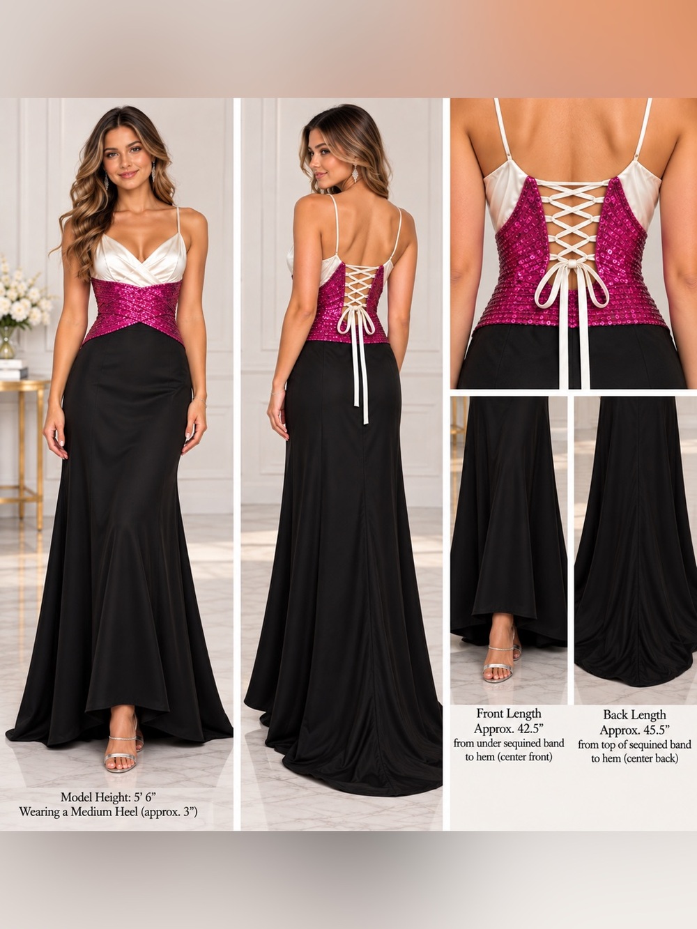 MASQUERADE Formal Dress White Black Pink Beaded Sequins Long Size 1/2